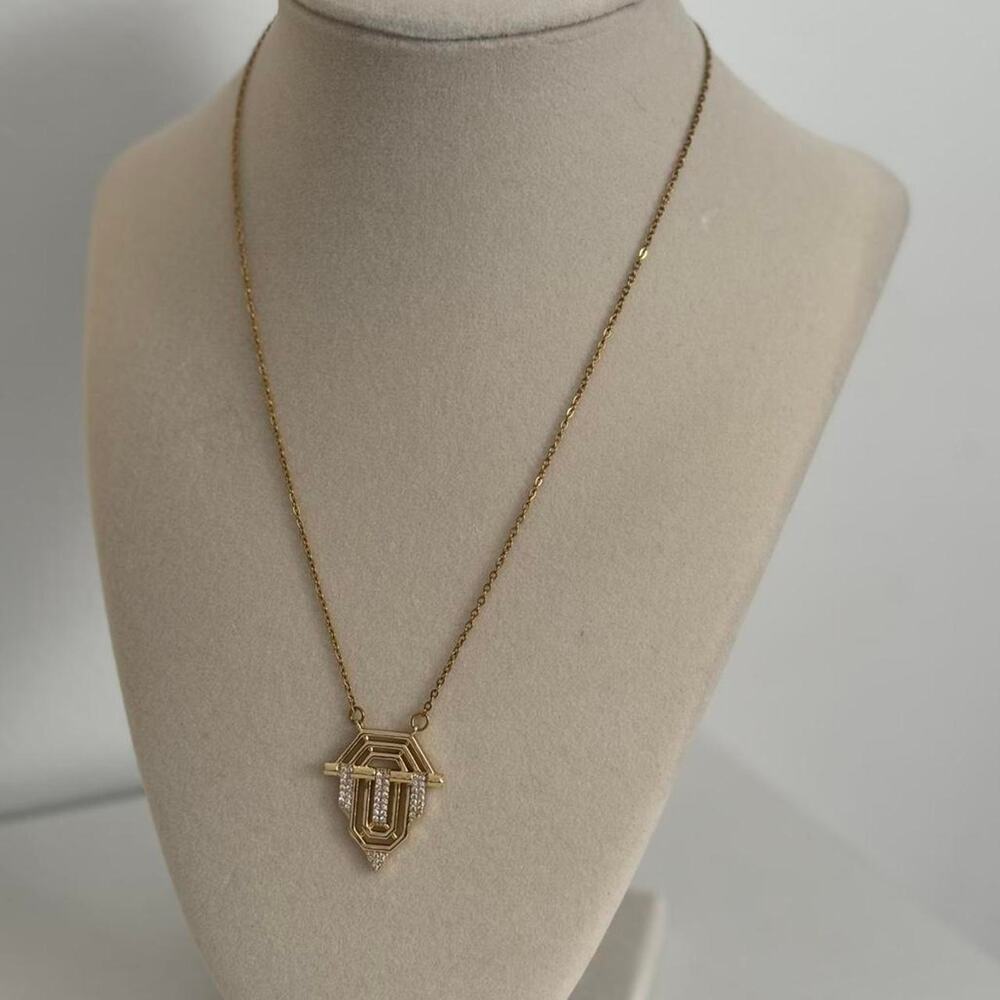 Gold Tone Geometric Pendant Necklace Clear Rhinestone Elegant Statement Jewelry - Picture 3 of 5